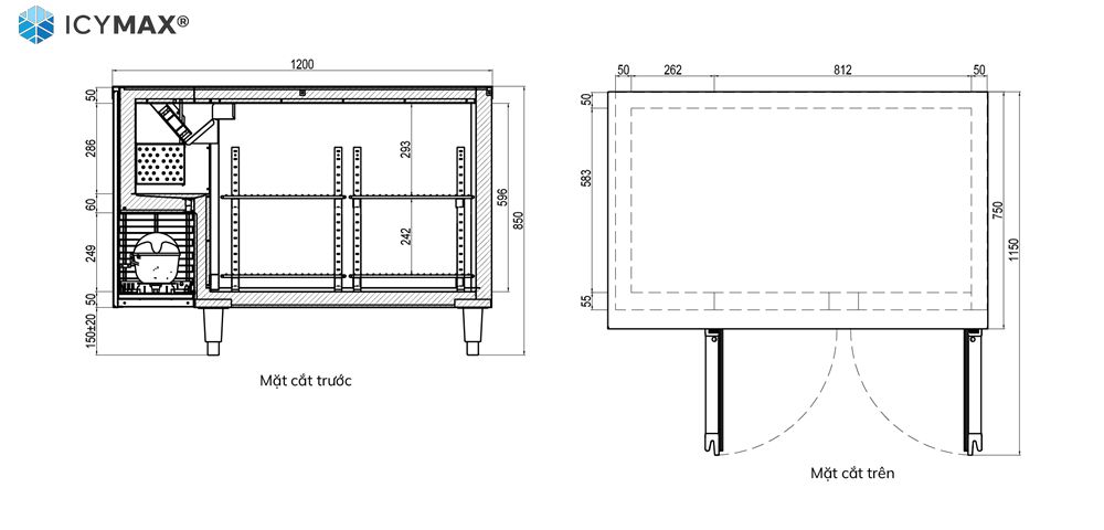 Bản vẽ 2D tủ bàn mát 2 cánh inox 1200x750