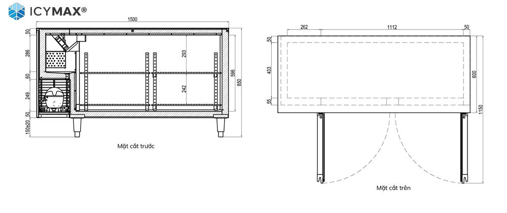 Bản vẽ 2D tủ bàn mát ICYMAX 2 cánh inox 1500x600
