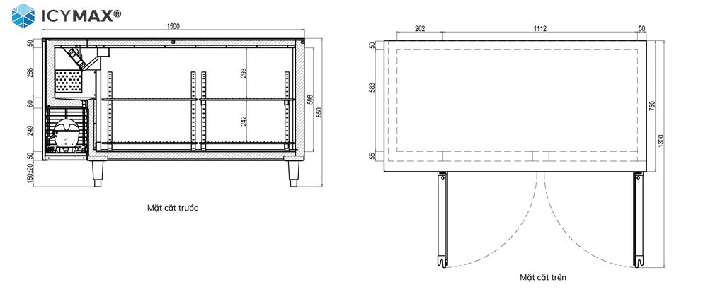 Bản vẽ 2D tủ bàn mát ICYMAX 2 cánh inox 1500x750