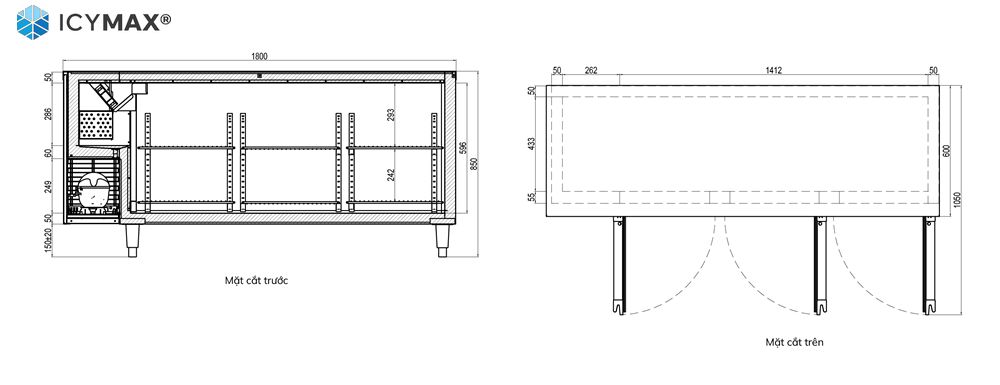 Bản vẽ 2D tủ bàn mát ICYMAX 3 cánh inox 1800x600
