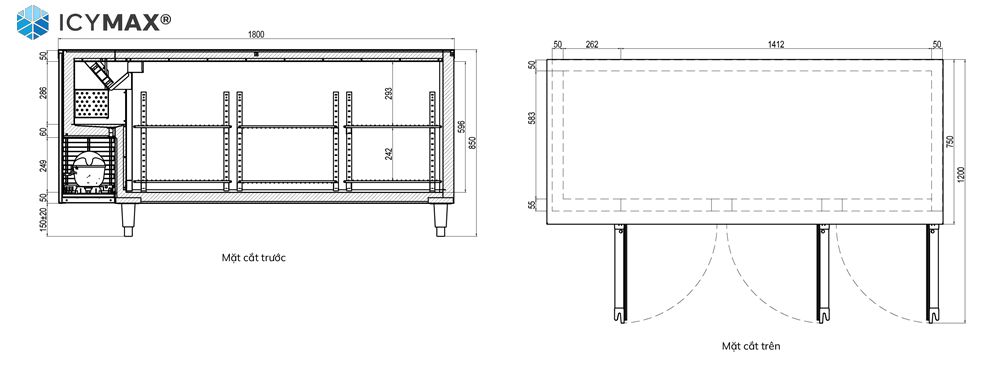 Bản vẽ 2D tủ bàn mát ICYMAX 3 cánh kính 1800x750