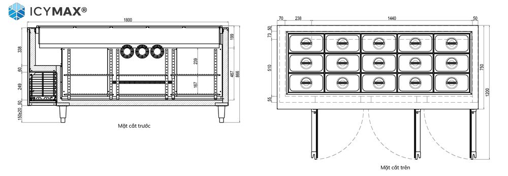 Bản vẽ 2D tủ bàn salad ICYMAX 3 cánh inox 1800x750