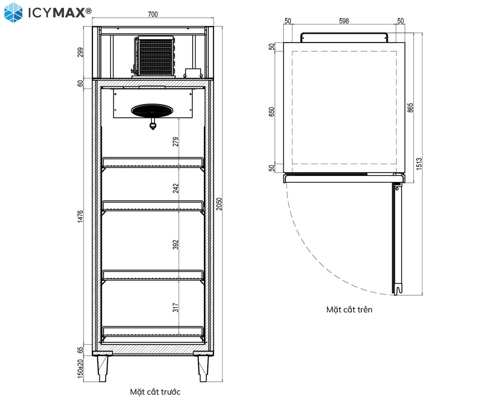 Bản vẽ 2D tủ đông đứng 2 cánh inox 600L ICYMAX